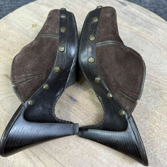 Cole‎ Haan Womens Brown Suede Wooden Mules Heels Clogs Studded Size 7 B - Picture 4 of 10